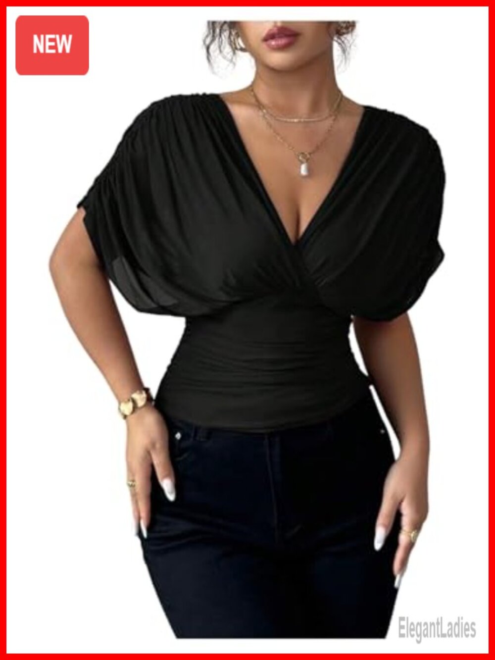 Women's Ruched Mesh Wrap T-Shirt Short Sleeve Cinched Waist Top